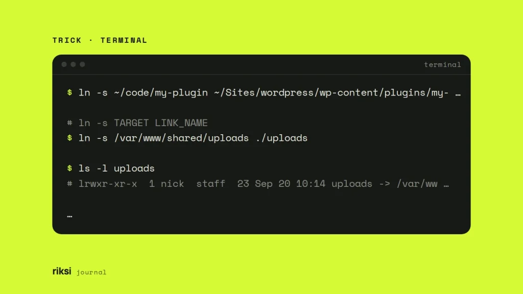 Terminal showing ln -s commands that make a symlink