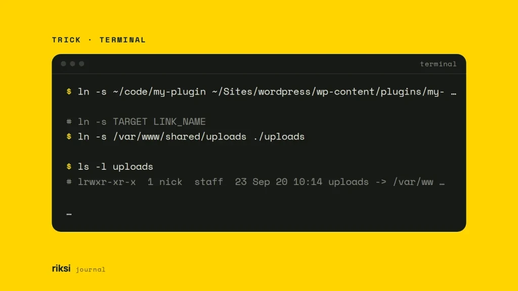 Terminal showing ln -s commands that make a symlink