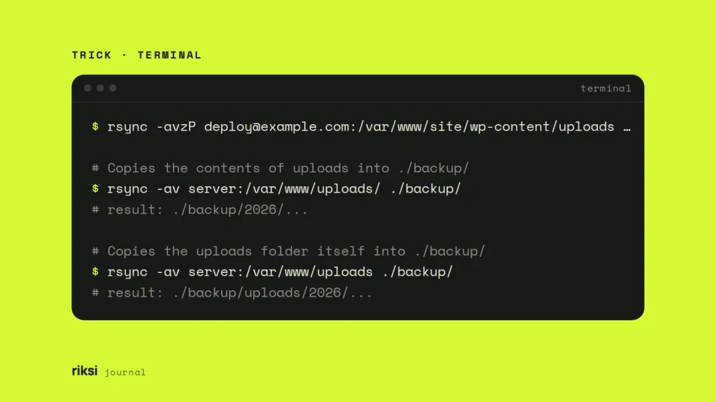 Terminal showing rsync commands that copy a remote uploads folder