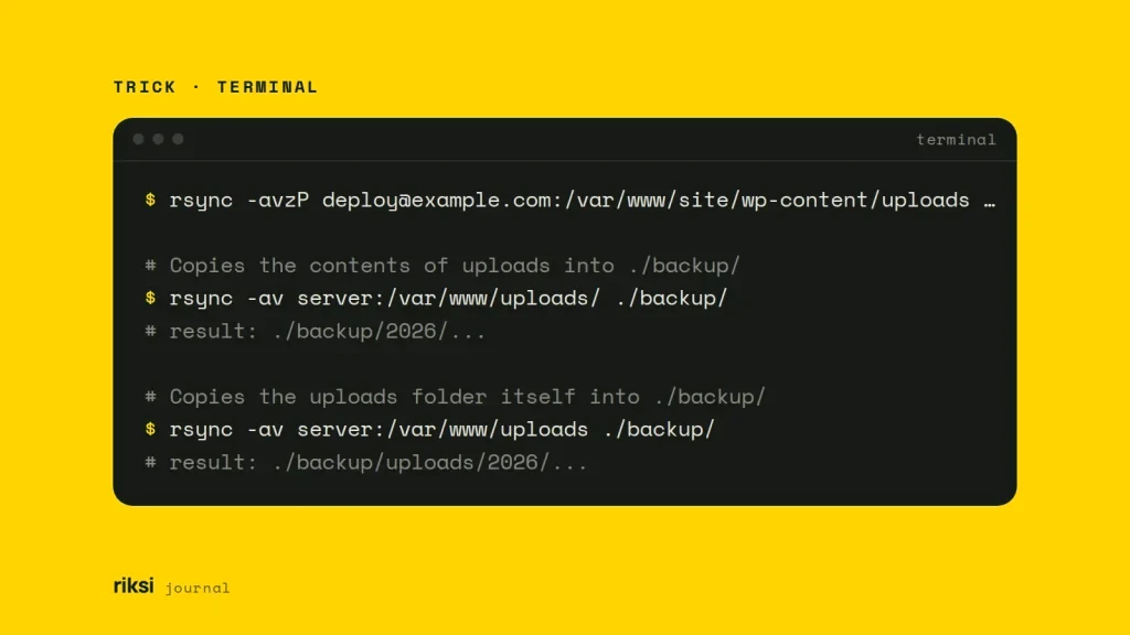 Terminal showing rsync commands that copy a remote uploads folder