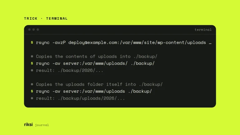 Terminal showing rsync commands that copy a remote uploads folder
