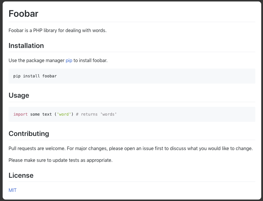 A rendered README with headings for installation, usage, contributing and licence