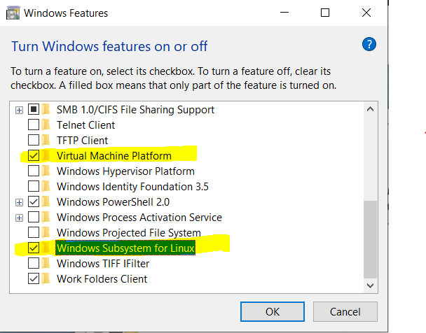 Windows Features dialog with Windows Subsystem for Linux ticked