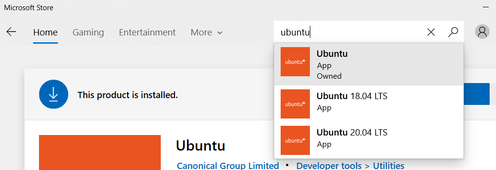 Ubuntu listed in the Microsoft Store, ready to install