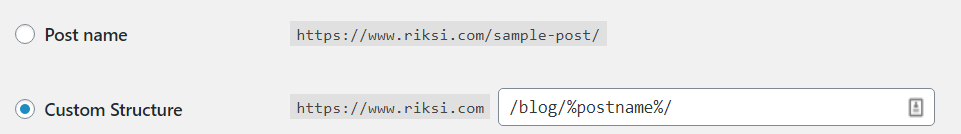 The Permalinks settings screen with Custom Structure selected