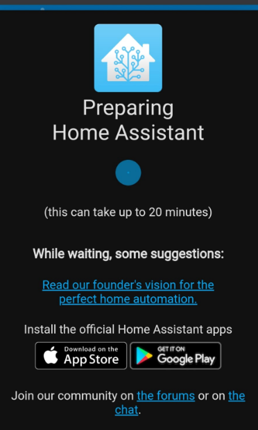 The Preparing Home Assistant screen shown during the first start-up