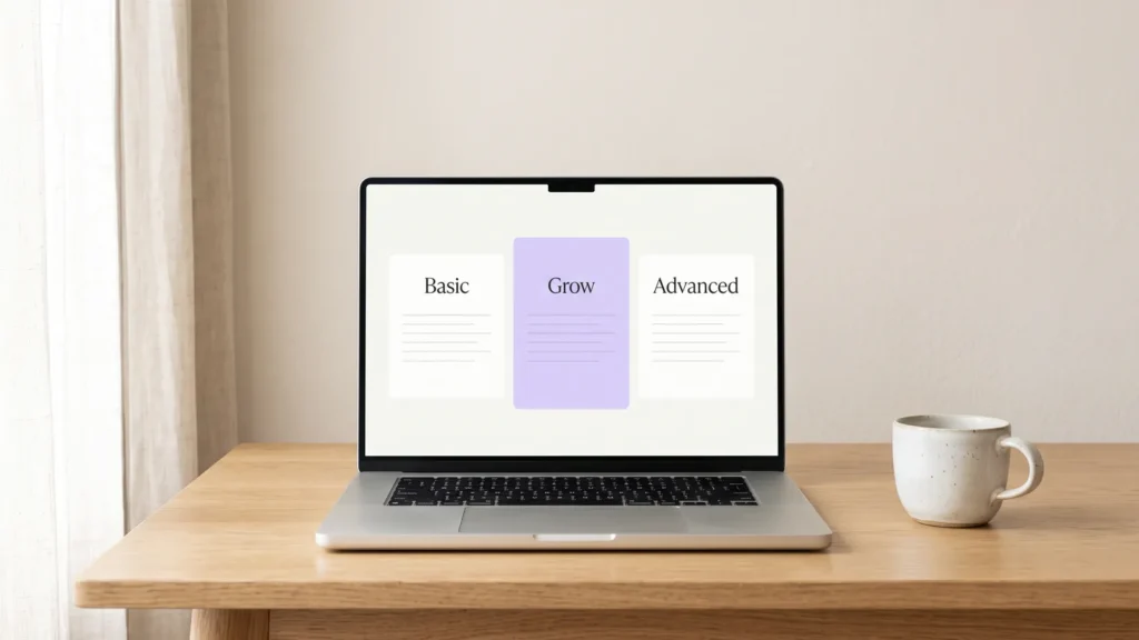A laptop on an oak desk showing three plan cards labelled Basic, Grow and Advanced