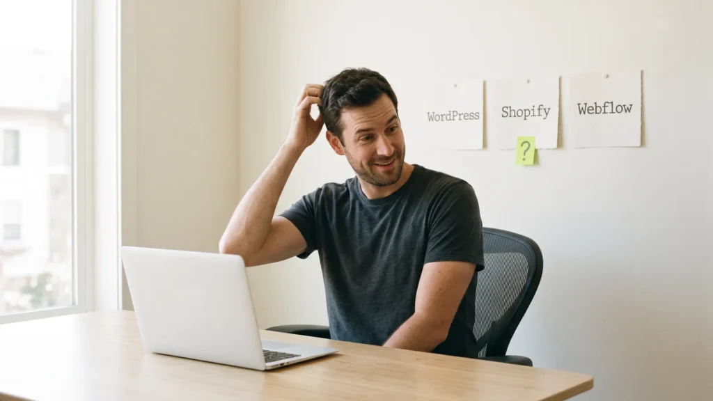 A man at a desk scratching his head, looking at three cards on the wall that read WordPress, Shopify and Webflow
