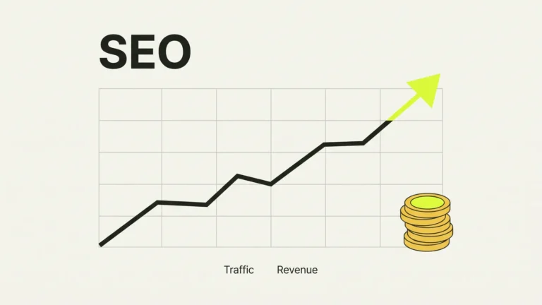 A line chart labelled SEO rising to a lime arrow, next to a stack of coins, with Traffic and Revenue labels