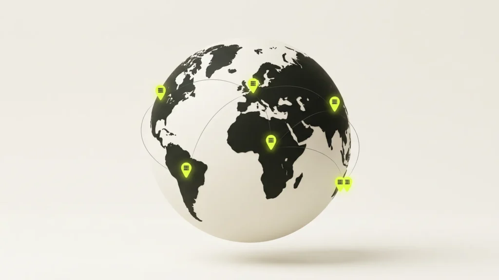 A globe with glowing lime server pins on several continents, linked by thin lines