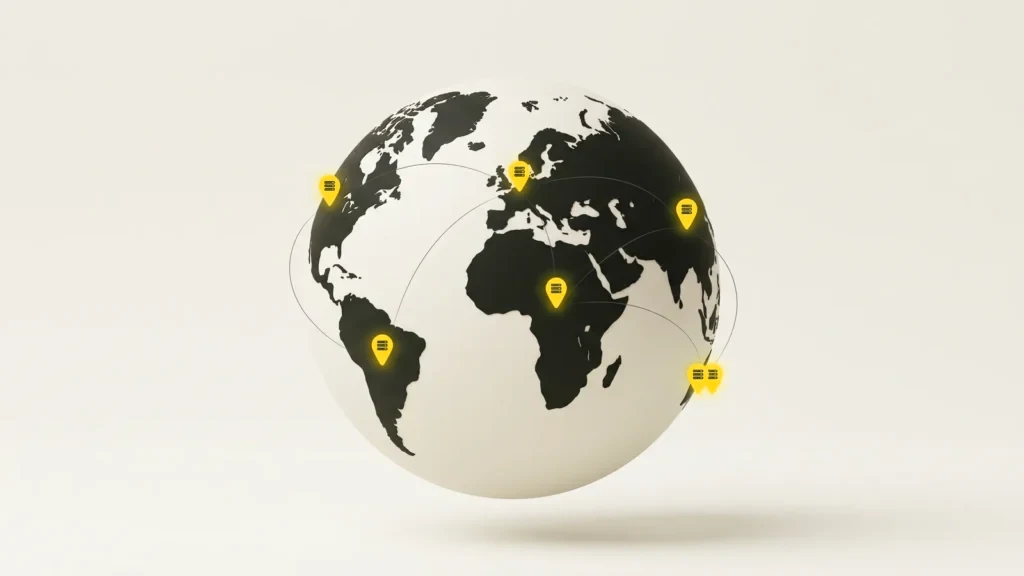 A globe with glowing lime server pins on several continents, linked by thin lines