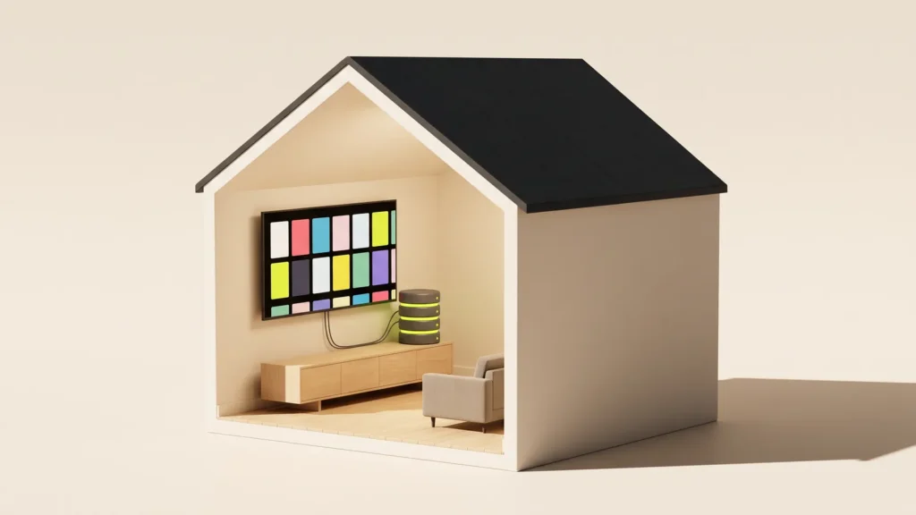A cutaway house with a large TV on the wall showing film tiles, linked to a glowing database stack below it