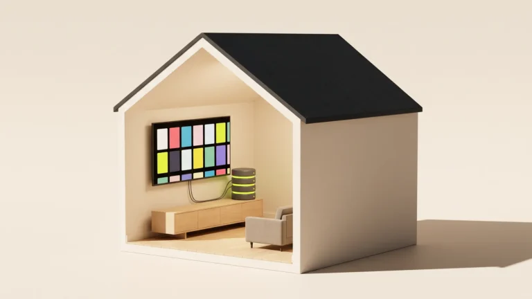 A cutaway house with a large TV on the wall showing film tiles, linked to a glowing database stack below it