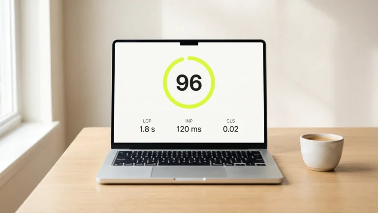 A laptop on an oak desk showing a website speed report with a lime green score