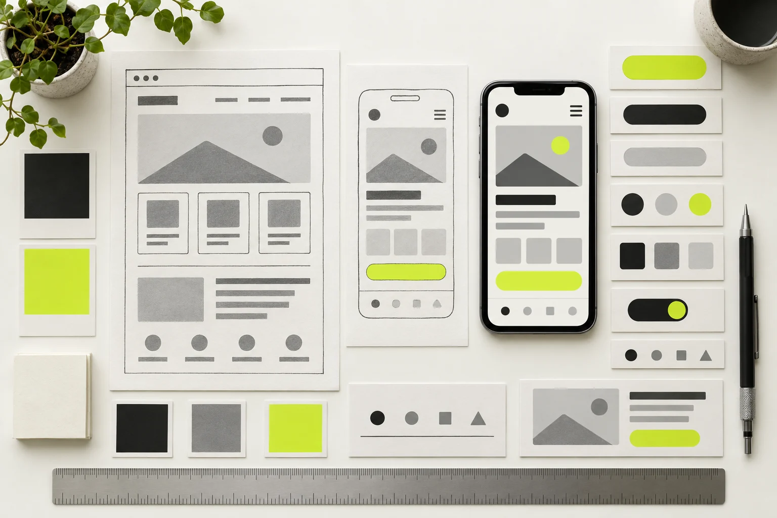 Paper wireframes for a website and a mobile app beside the finished app on a phone