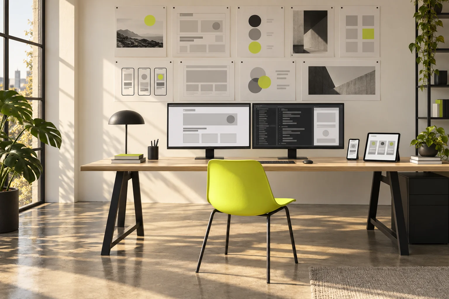 A calm web design studio: website layouts and code on two monitors, app prototypes and wireframes pinned to the wall