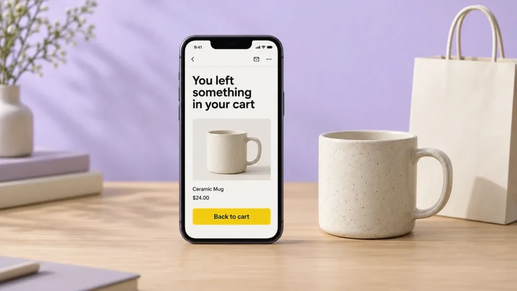 A phone showing an email about items left in a cart, with a lime Back to cart button