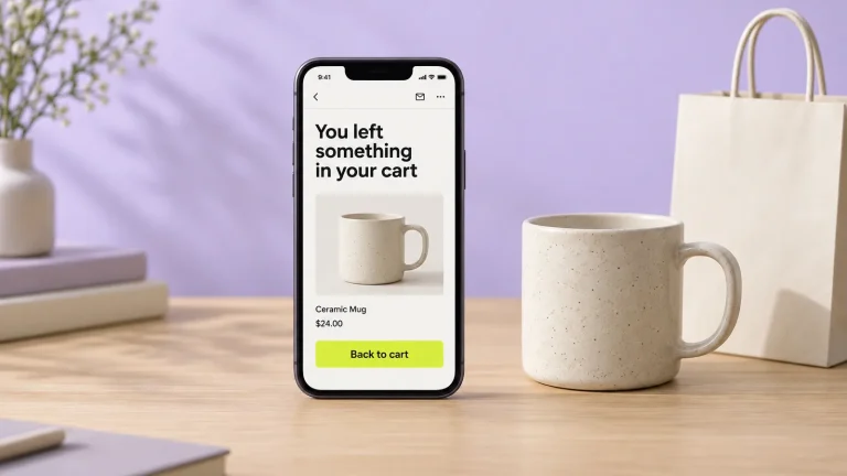 A phone showing an email about items left in a cart, with a lime Back to cart button