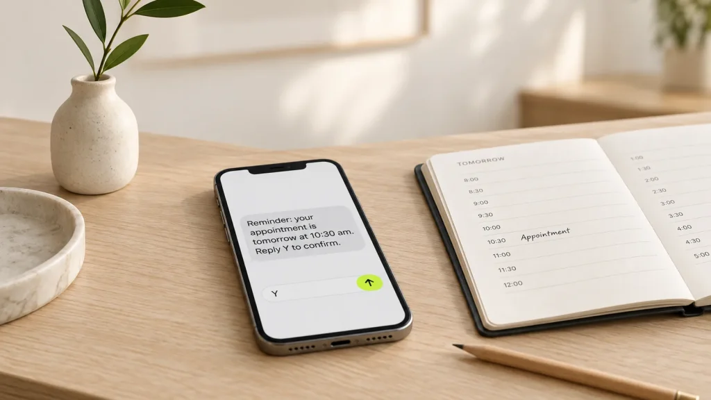 A phone on a desk showing a text reminder about an appointment tomorrow, beside a paper appointment book