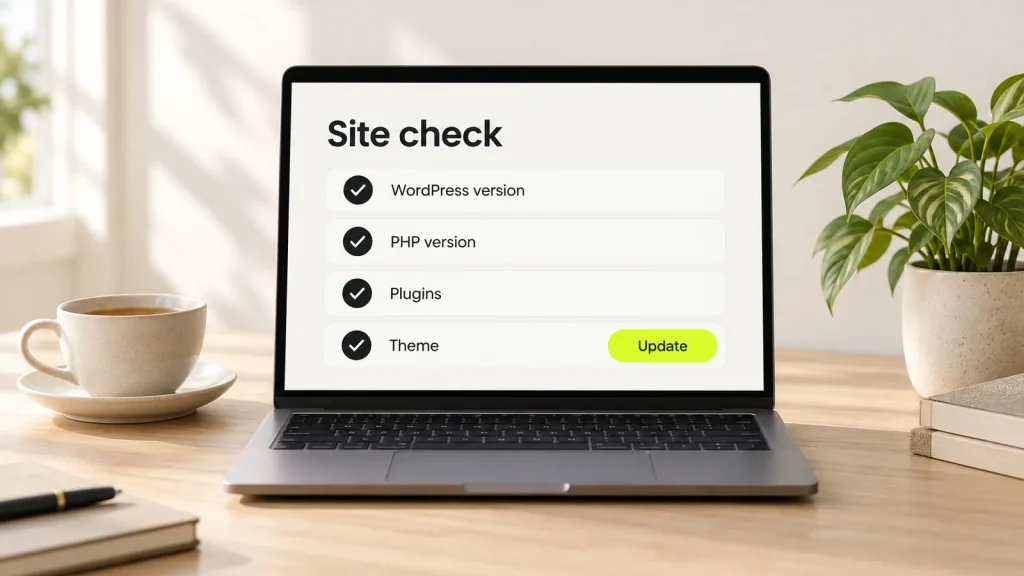 A site check list with ticks for WordPress, PHP, plugins and theme on a laptop screen