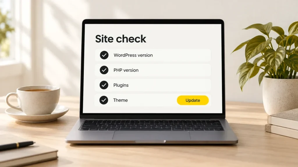 A site check list with ticks for WordPress, PHP, plugins and theme on a laptop screen