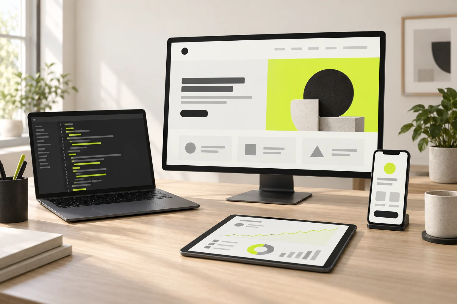 A studio desk with a website on a monitor, code on a laptop, an app on a phone and a chart on a tablet