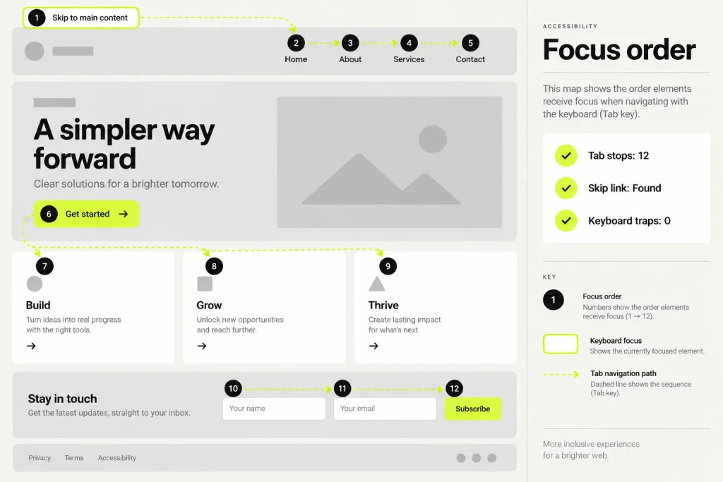A web page with numbered tab stops showing the focus order