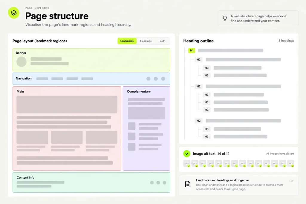 A page structure view with landmarks and headings