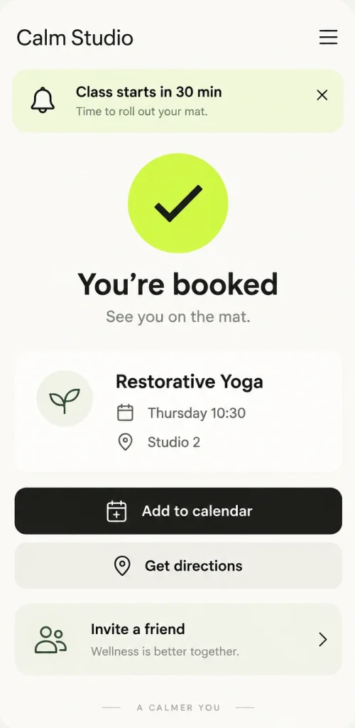 Example mobile app: the booking confirmation