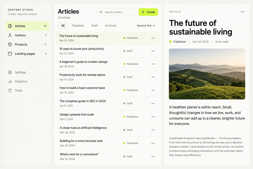 Example Sanity Studio: content grouped by type