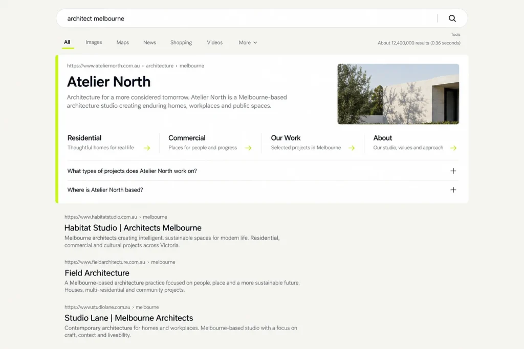 Example search result with breadcrumbs and FAQs