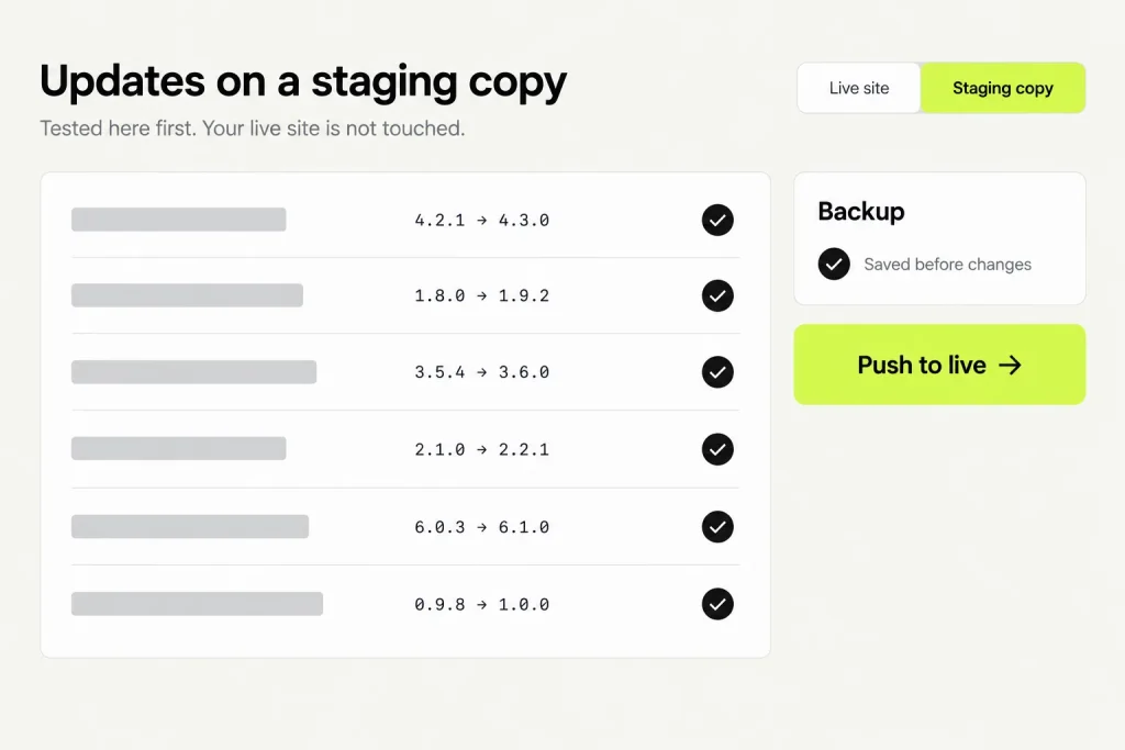 Updates on a staging copy with old and new version numbers, a saved backup and a Push to live button