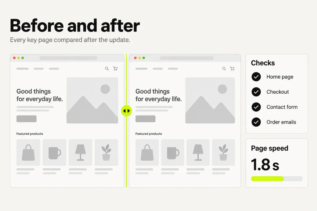The same store home page before and after an update, with checks for checkout, forms and emails, and a page speed result