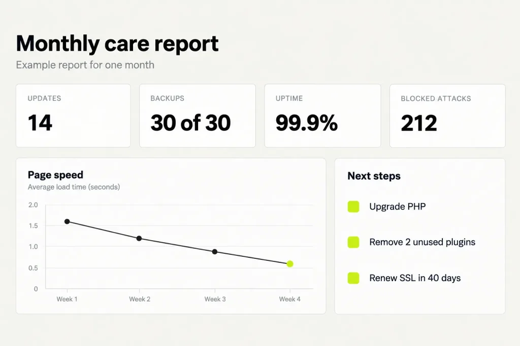 A monthly care report with updates, backups, uptime and blocked attacks, and a list of next steps