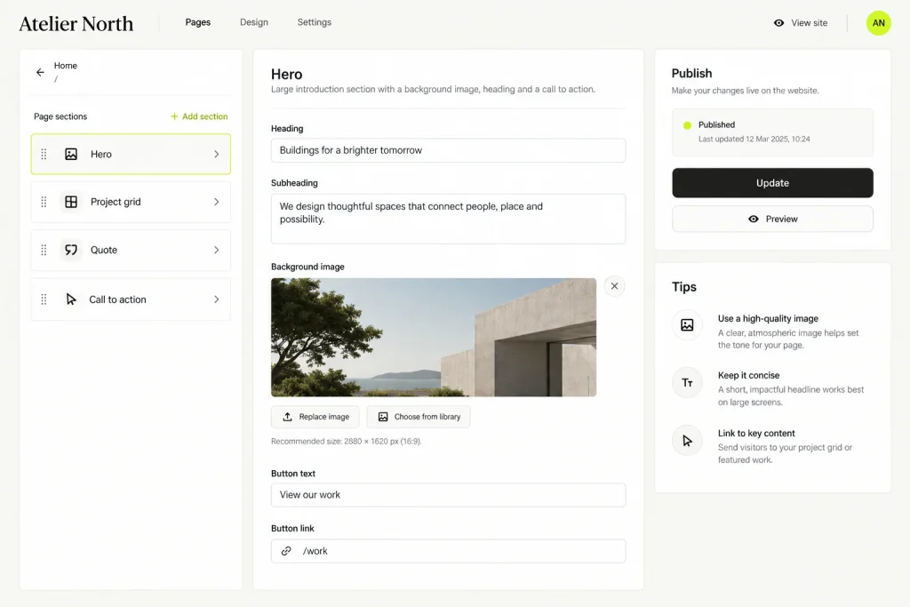 Example WordPress site: the editing screen