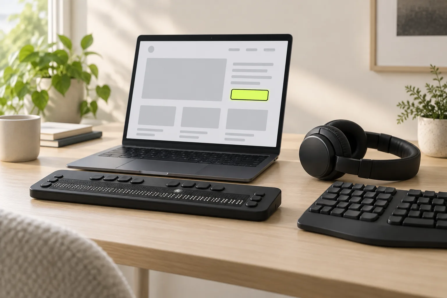A refreshable braille display and headphones beside a laptop showing a website with a clear focus outline