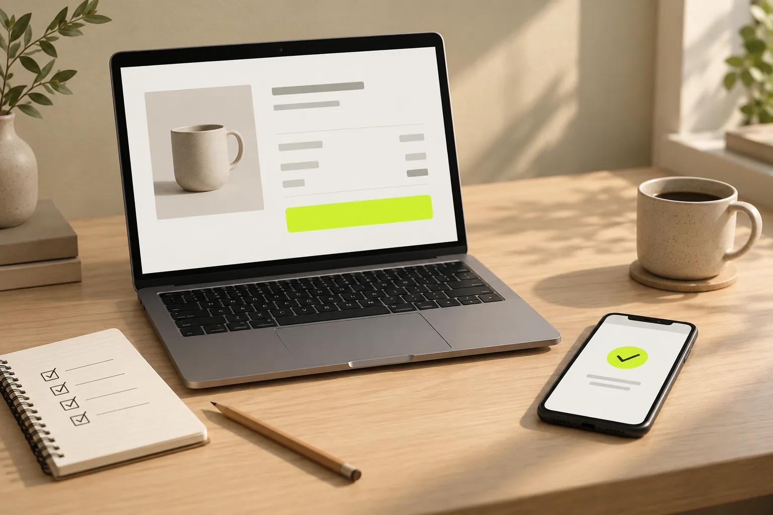 A laptop with a store checkout and a lime Pay now button, a phone with an order confirmation, and a paper checklist
