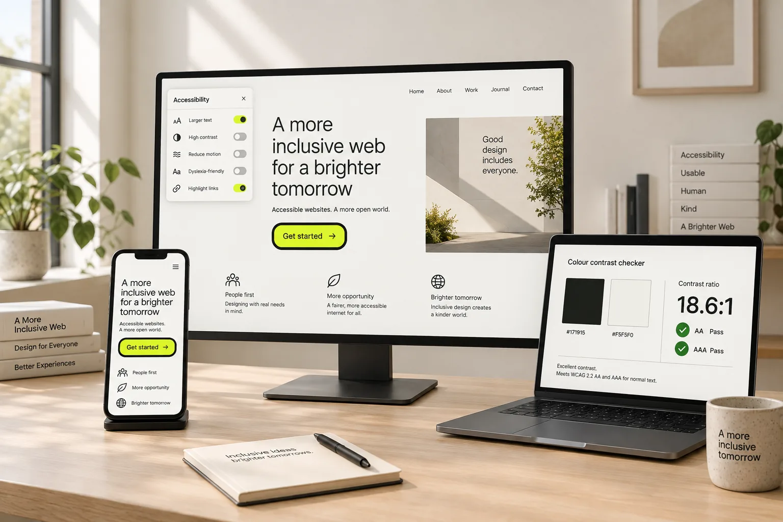 A website with an accessibility options panel and a clear focus outline, beside a contrast checker and a phone in large-text mode