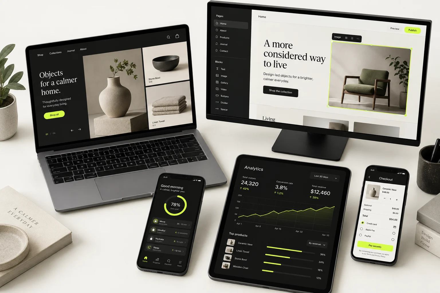 Websites, stores, mobile apps and dashboards on a laptop, monitor, tablet and phones