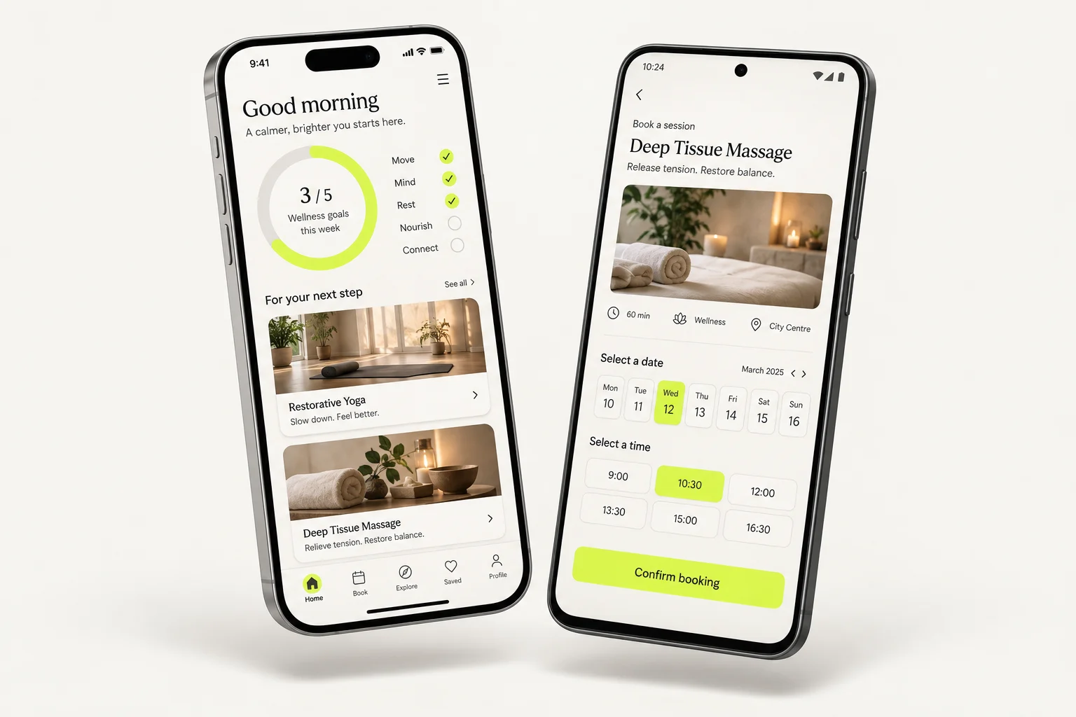 An iOS phone and an Android phone showing the same wellness booking app