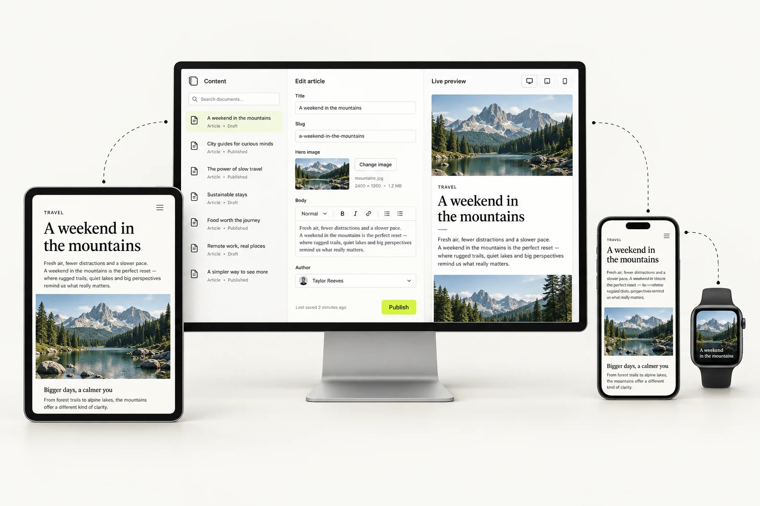 A structured content studio on a monitor, with the same article on a tablet, phone and watch