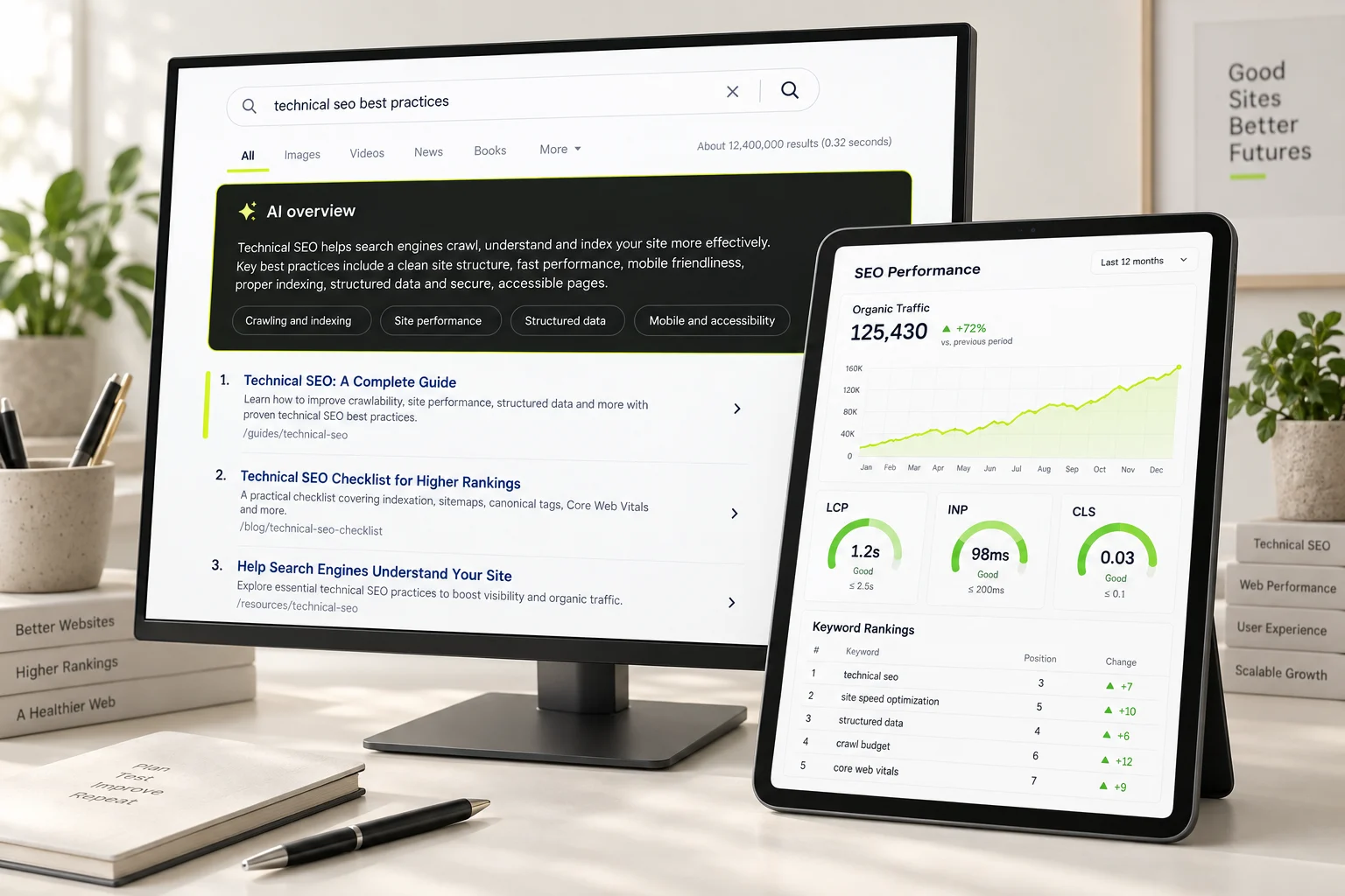 A search results page with an AI answer box, and an SEO dashboard with rising organic traffic and Core Web Vitals