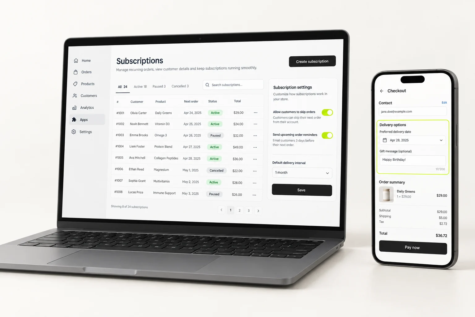A custom subscriptions app inside the store admin, and a checkout with a delivery-date picker on a phone