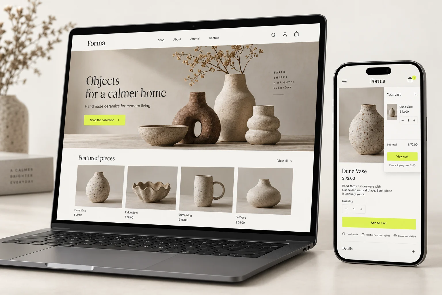 A custom Shopify storefront for a ceramics brand on a laptop, with the product page and cart on a phone