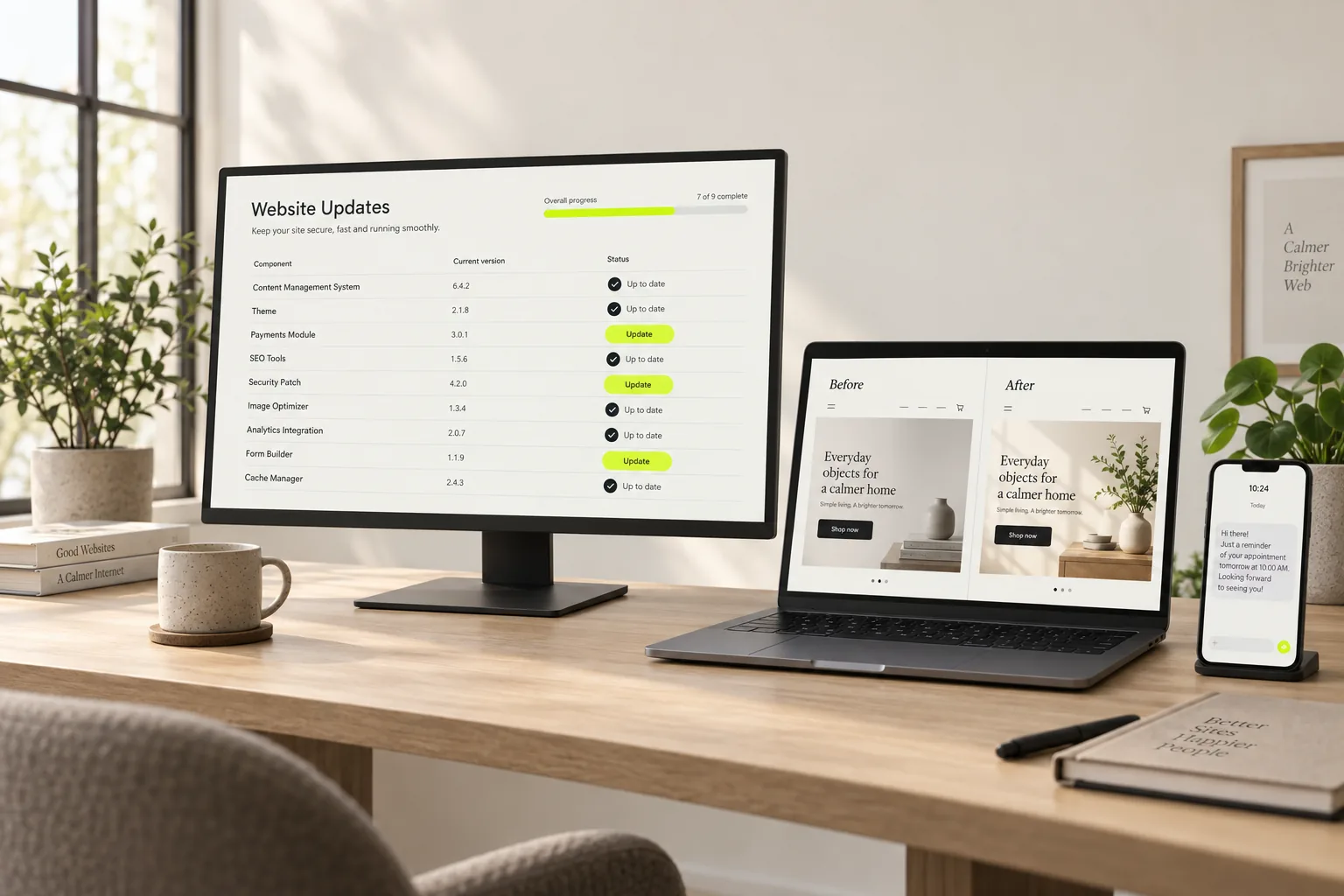 A monitor with a list of website updates, a laptop comparing a store before and after, and a phone with a text reminder