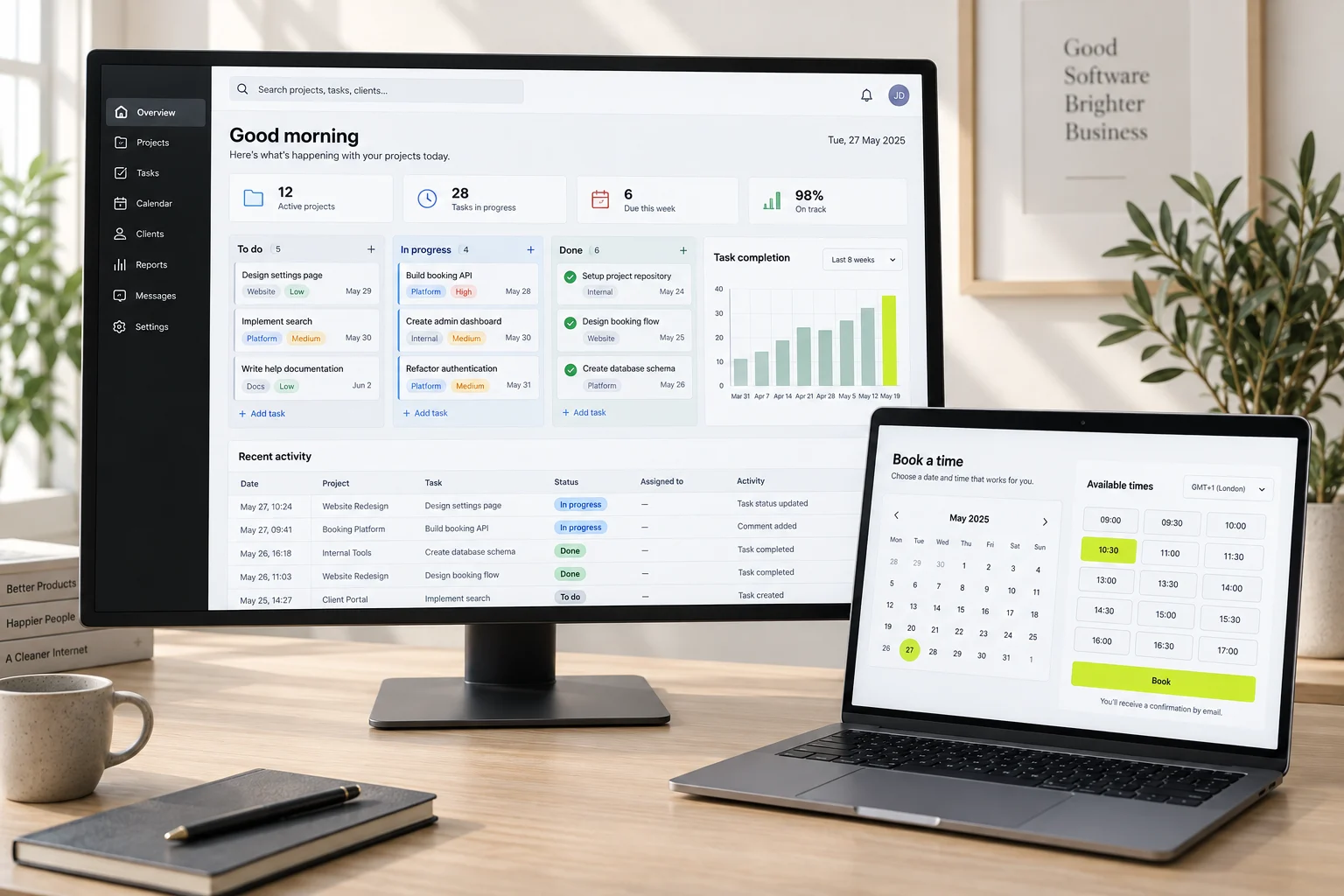 A custom operations web app with a task board and reports, and a booking portal on a laptop