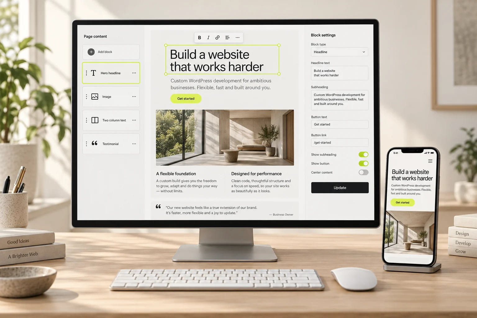 A custom WordPress editor with content blocks on a monitor, and the same page live on a phone