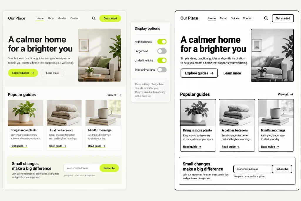 A page shown in normal and high contrast modes