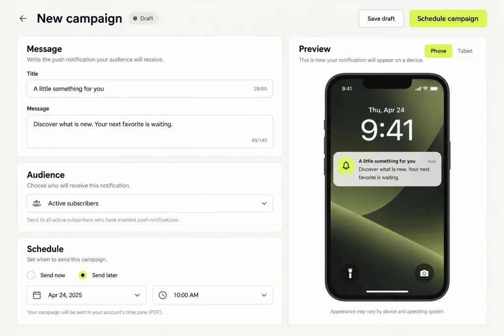 A screen for sending push messages