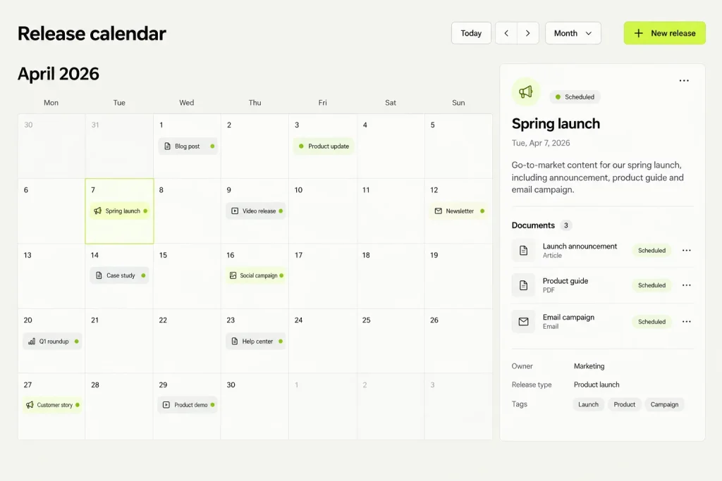 Content releases planned on a calendar
